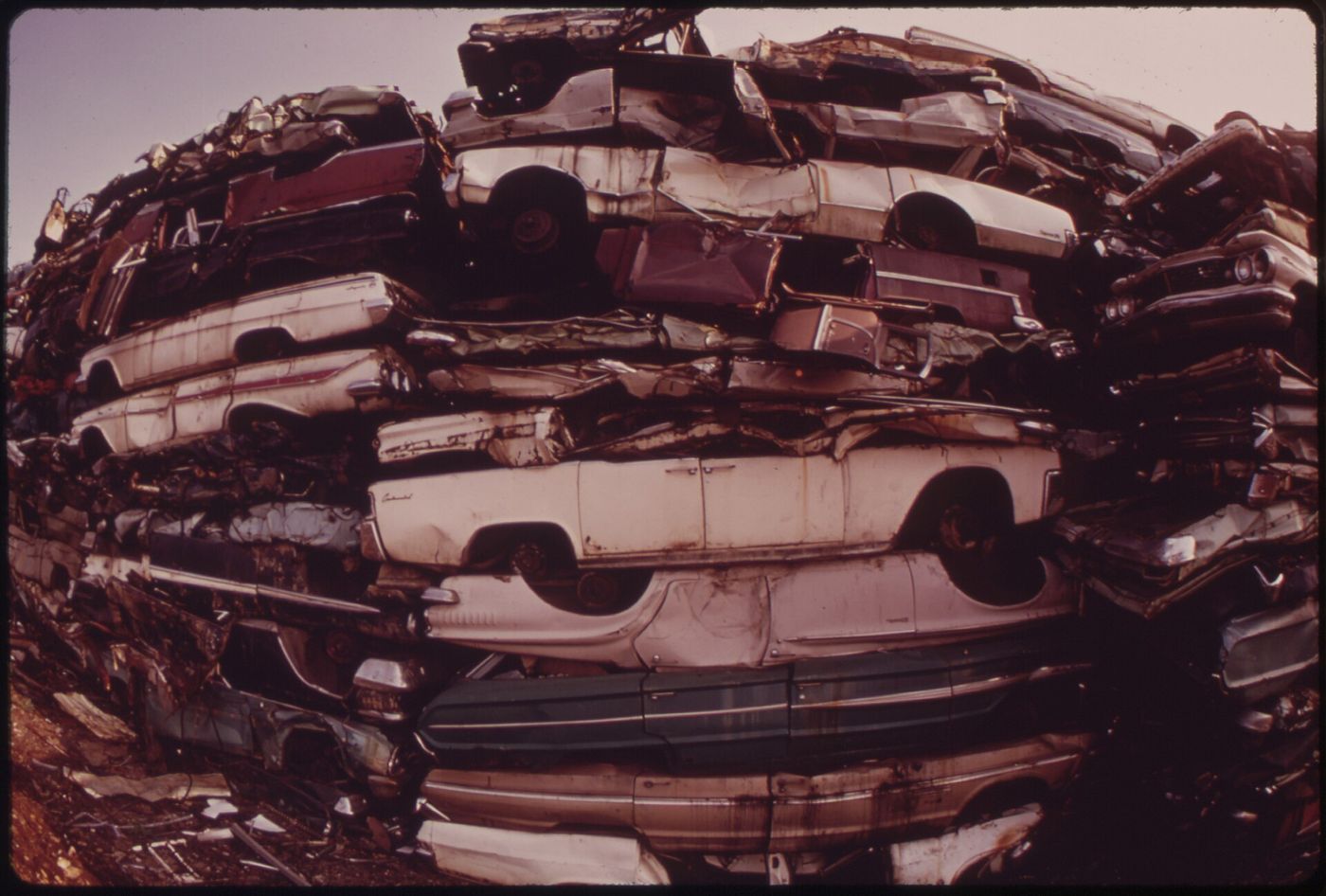 Crushed cars are stacked in tall piles at a scrapyard under a pale sky.